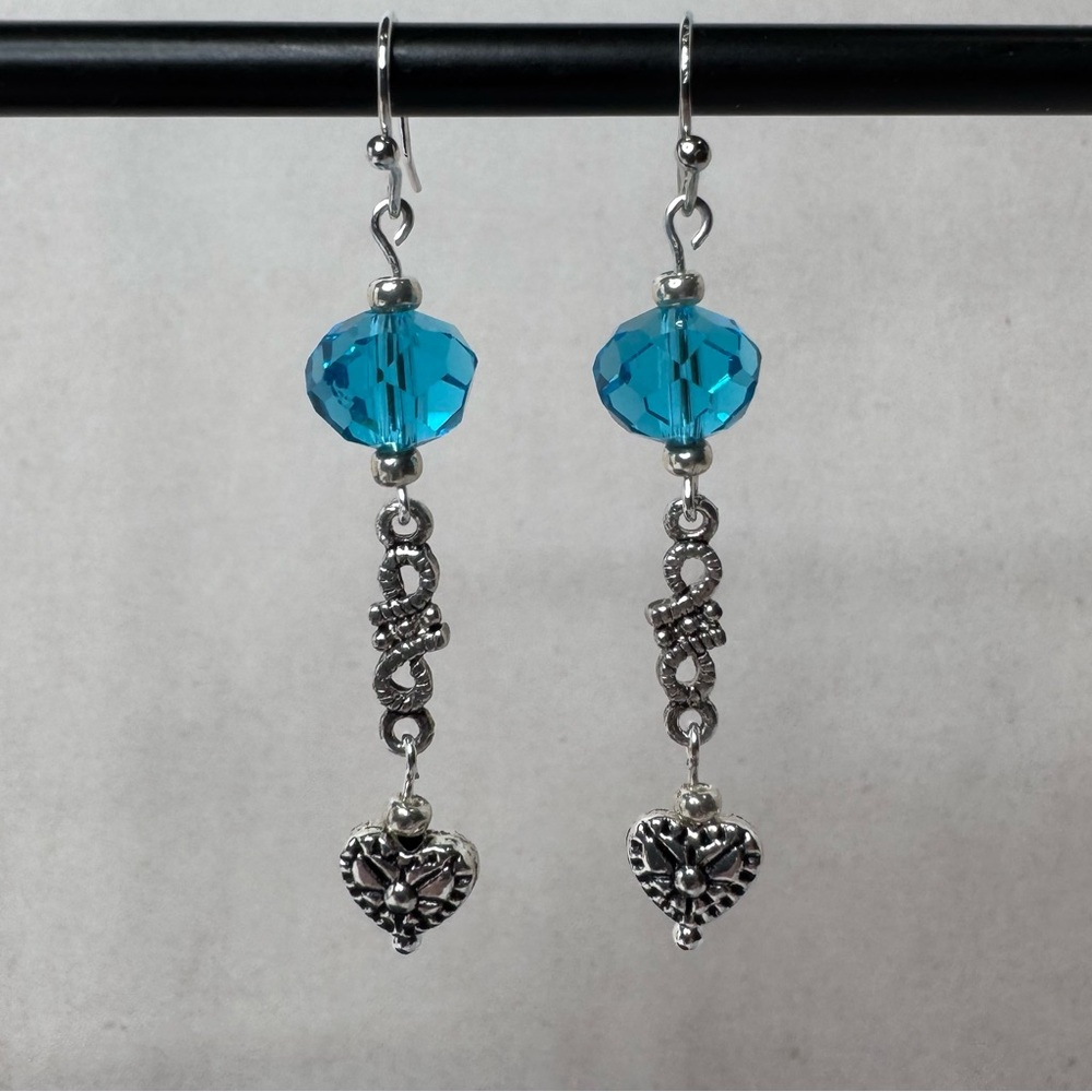 Hand Crafted Vintage Inspired Silver Heart & Teal Crystal Earrings 2 1/4” NWT